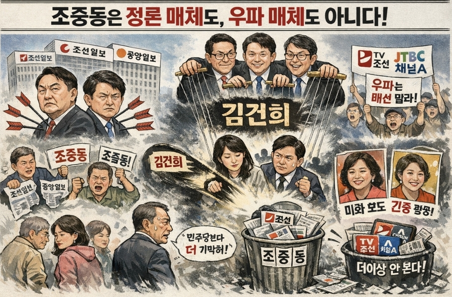 ▲ 조중동은 자신들의 기준과 가치를 이른바《중도》로 세팅하고 그 외는 모두《극우》로 낙인 찍어 배척한다. 자신들이 우파매체라면서 미국 좌파매체 뉴욕타임즈와 CNN만 주구장창 베껴 쓰고 교본으로 삼는다. 자신들이 딛고 서있는 바닥을 스스로 허무는 멍청한 짓을 하는 셈이다.
챗GPT의 이미지 생성 능력은 제미나이보다 못하다. 한글폰트가 상당수 깨진다. ⓒ 챗GPT