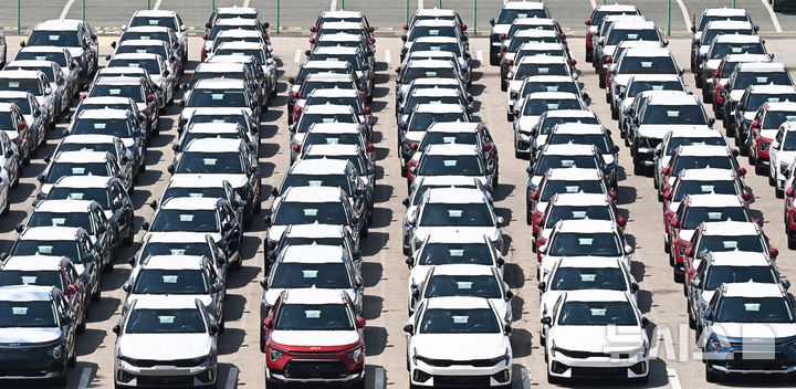 ▲ 경기 평택항 자동차 전용부두에 선적을 기다리는 수출용 차량이 세워져 있다.ⓒ뉴시스