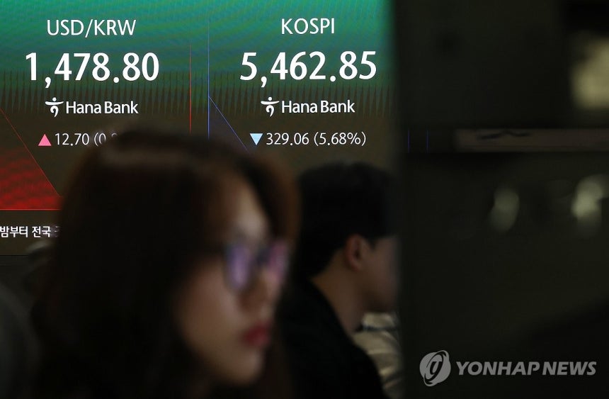 ▲ 4일 중구 하나은행 본점 딜링룸 전광판에 실시간 코스피와 원달러 환율이 표시돼 있다. /연합뉴스