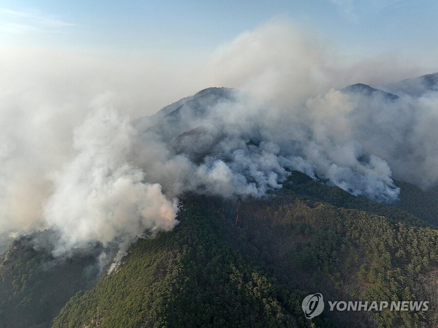 ▲ 지난해 3월 26일 산불이 번진 경북 청송군 주왕산에서 연기가 피어오르고 있다.  ⓒ연합뉴스