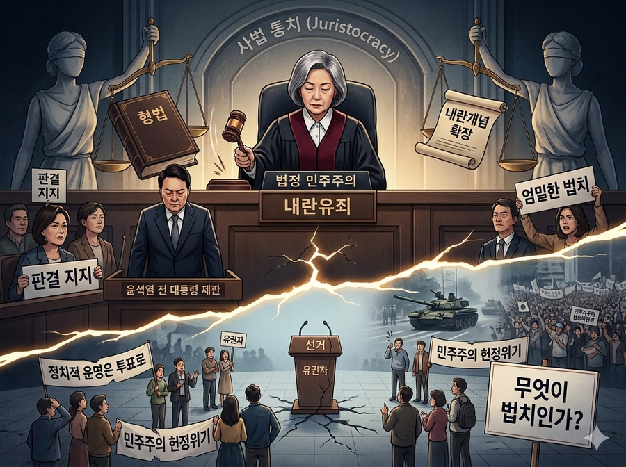 ▲ 12.3 계엄이 내란이라는 1심 재판부의 판결은 대한민국 정치가《사법통치》체제로 들어섰음을 여실히 보여준다. 베네수엘라를 비롯 남미국가에서 흔히 발견되는 정치현상이다.  ⓒ 제미나이