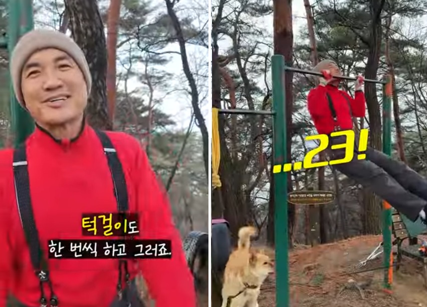 ▲ 춘천 봉의산 공터에서 턱걸이를 하고 있는 김진태 강원특별자치도지사. ⓒ김진태tv