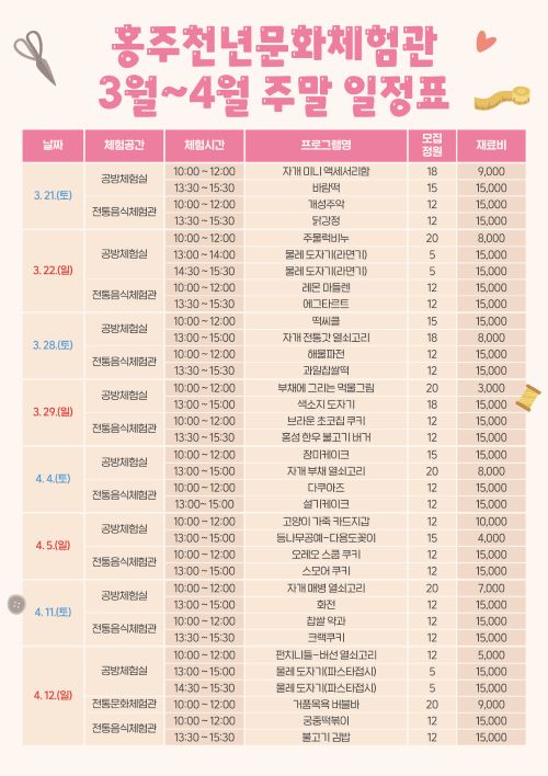 ▲ 홍주천년문화체험관, 3~4월 주말 프로그램 운영 일정표.ⓒ홍성군