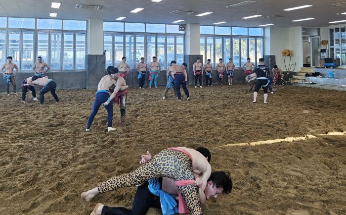 ▲ 태안군 전용씨름장에서 전지훈련을 진행 중인 선수들 모습.ⓒ태안군