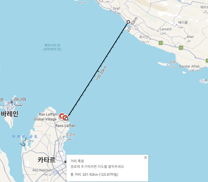 ▲ 카타르 라스라판 산업단지와 이란 본토와의 거리. ⓒ구글맵