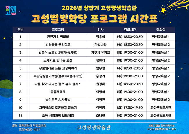 ▲ 고성별빛학당 프로그램 시간표. ⓒ고성군