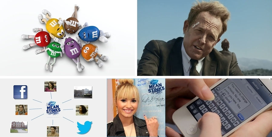 ▲ 좌측부터 시계 방향으로 M&M'S 캐릭터, 올스테이트(Allstate)의 '메이헴(Mayhem, 대혼란)', 시크릿 데오도란트(Secret Deodorant)의 '못된 행동은 냄새난다(Mean Stinks)' 캠페인. ⓒ각 캠페인 갈무리