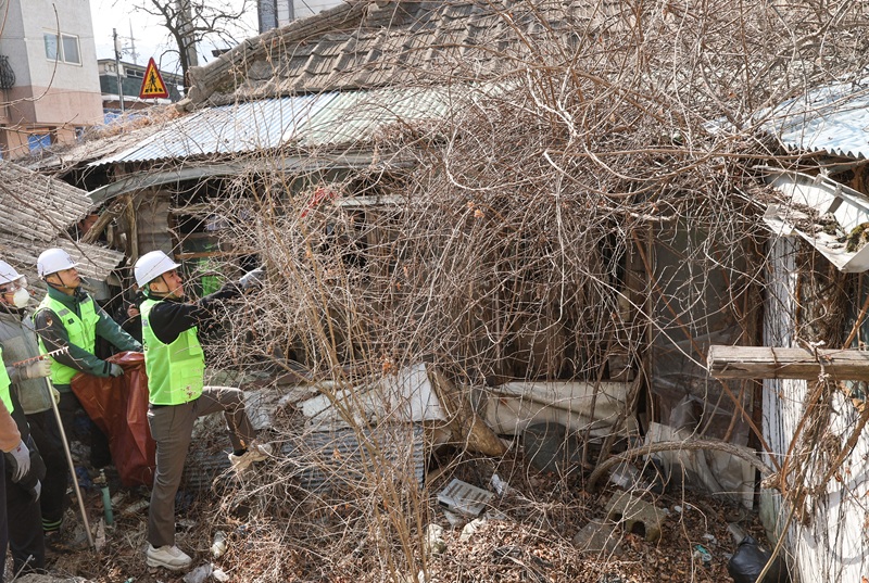 ▲ 김진태 지사가 본격적인 빈집 철거에 앞서 장갑을 끼고 빈집 내부에 방치된 폐기물과 적치물을 직접 수거하고 있다. ⓒ강원특별자치도