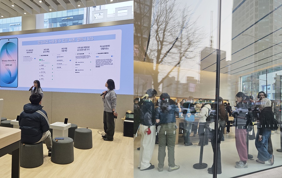 ▲ 한산한 삼성스토어 홍대(왼쪽)과 대기줄이 늘어선 애플스토어 홍대 모습ⓒ윤아름 기자