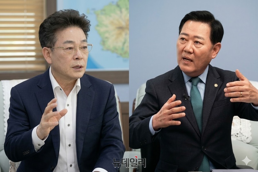▲ 김병수 전 군수(좌) 남진복 도의원(우).ⓒ뉴데일리