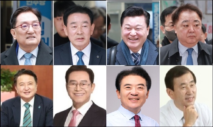 ▲ 여야 충북지사  후보들.(위 좌로부터 노영민 전 주중대사, 송기섭 전 진천군수, 신용한 지방시대위원회 부위원장, 한범덕 전 청주시장과 아래 좌로부터 김영환 충북지사,윤갑근 변호사, 윤희근 전 경찰청장, 조길형 전 충주시장)ⓒ선관위 자료 등 캡쳐 합성