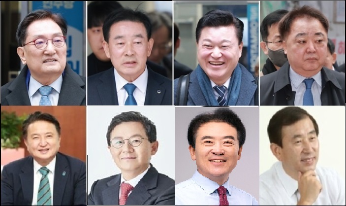 ▲ 여야 충북지사  후보들.(위 좌로부터 노영민 전 주중대사, 송기섭 전 진천군수, 신용한 지방시대위원회 부위원장, 한범덕 전 청주시장과 아래 좌로부터 김영환 충북지사,윤갑근 변호사, 윤희근 전 경찰청장, 조길형 전 충주시장)ⓒ선관위 자료 등 캡쳐 합성