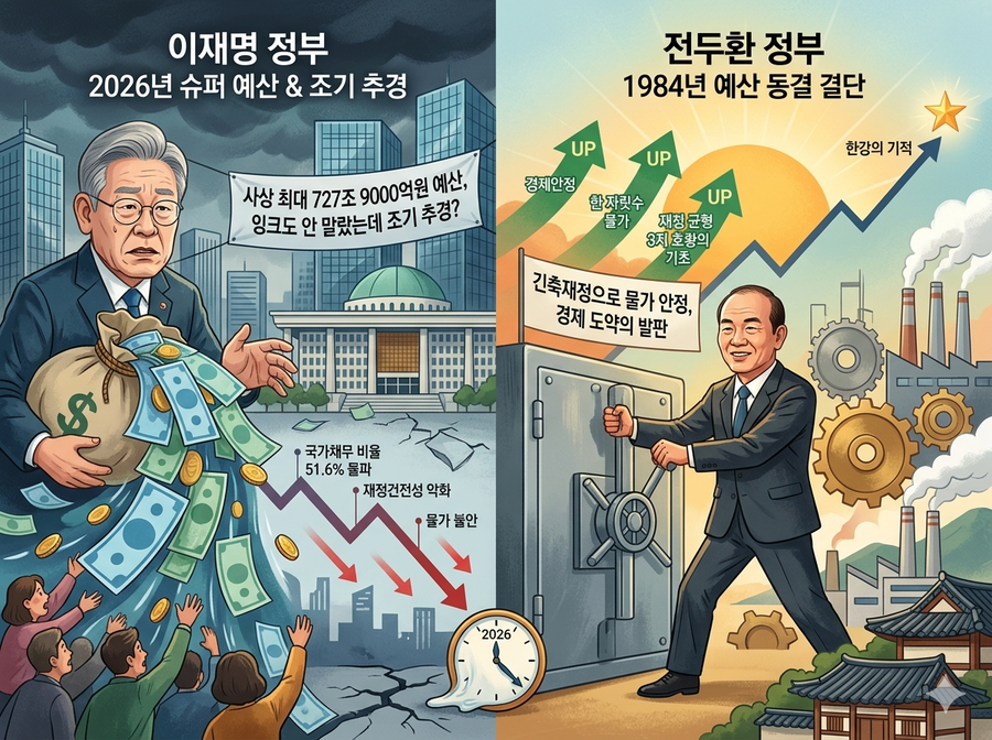 ▲ 문재인 정권에 이어 이재명 정권도 예산 폭주 열차에 올라탔다. 나라 빚이 폭증하게 생겼다. 세수가 눌면 그것으로 나라 빚을 줄여야 하는 데, 빚을 더 내어 펑펑 쓰겠다고 한다. 그 빚은 누가 갚나? 405060708090이? 102030이 갚아야 한다. 그들 허리만 새우등 되게 생겼다. ⓒ 제미나이