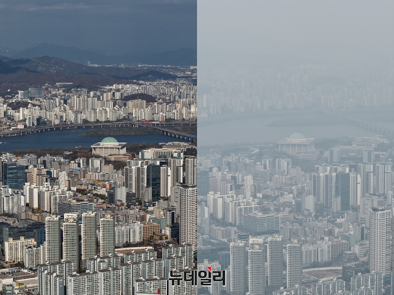 ▲ 전국 대부분 지역의 초미세먼지 농도가 '나쁨' 수준인 16일 오후 서울 도심. ⓒ서성진 기자