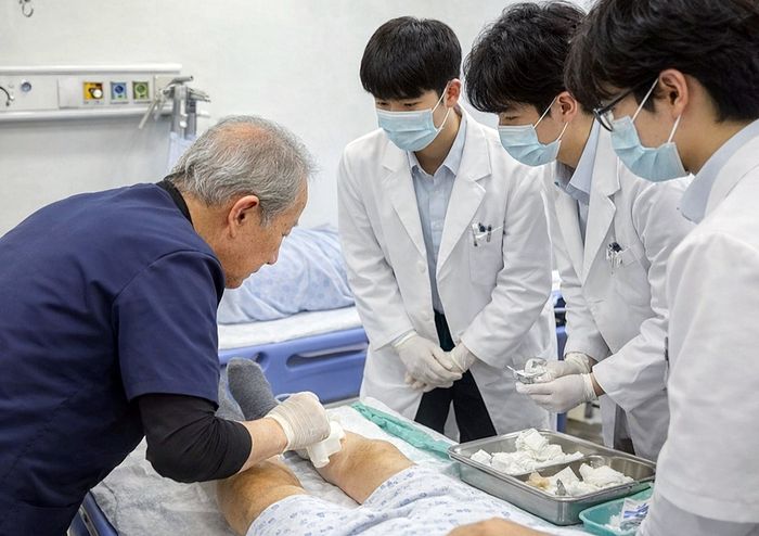 ▲ 이두익(왼쪽) 백령병원장이 인하대 의대 본과 4학년 학생들을 대상으로 응급실 환자 교육을 하고 있다. ⓒ인하대병원 제공