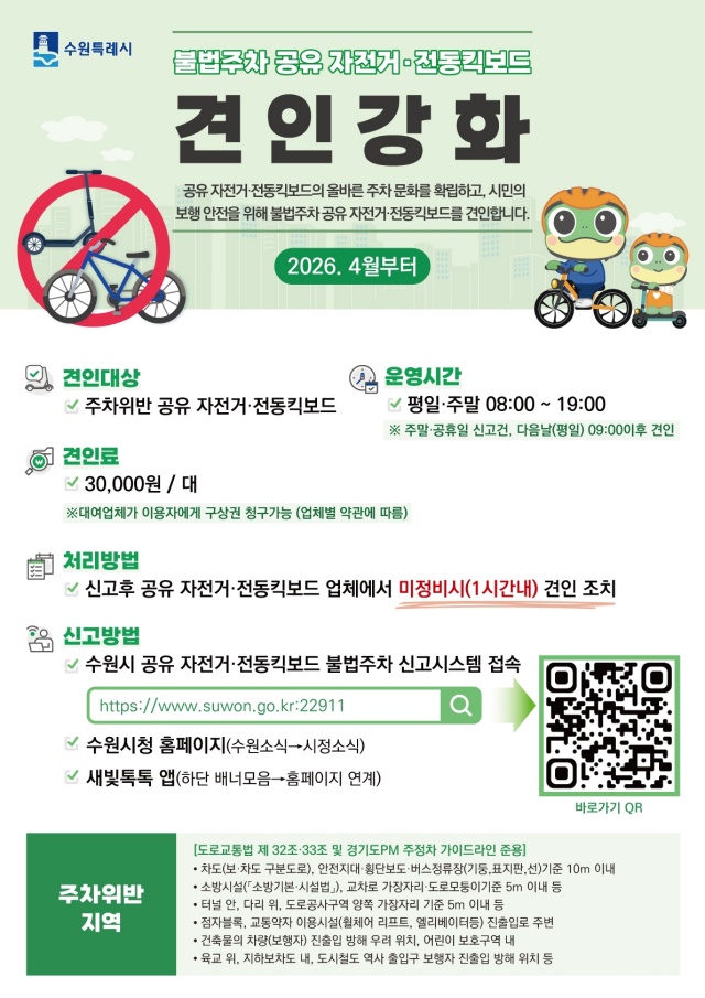 ▲ 수원시 공유 전동킥보드, 공유자전거 불법주차 신고 시스템 안내 포스터. ⓒ수원시 제공