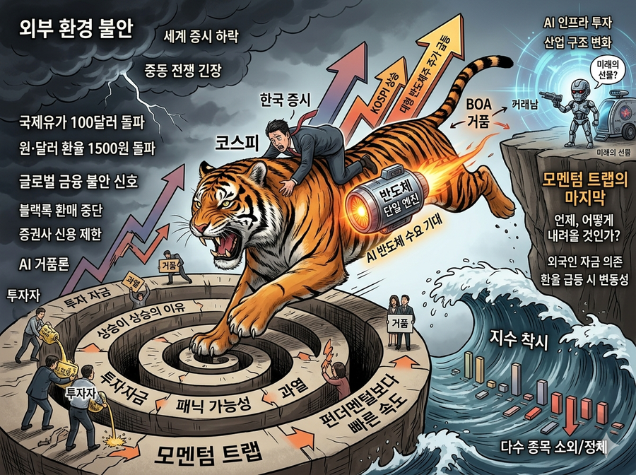 ▲ 코스피는《기대》와《불안》이란 두 개의 힘 사이에서 곡예를 하고 있다. 호랑이 등에 올라탄 형국. ⓒ 제미나이