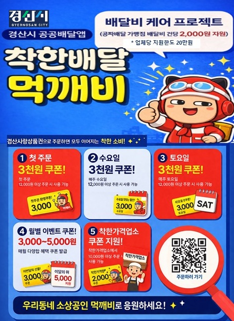 ▲ 경산시는 지역 소상공인의 경영 부담을 줄이고 침체된 지역경제에 활력을 불어넣기 위해 공공 배달앱 ‘먹깨비’ 지원사업을 대폭 확대 시행한다.ⓒ경산시