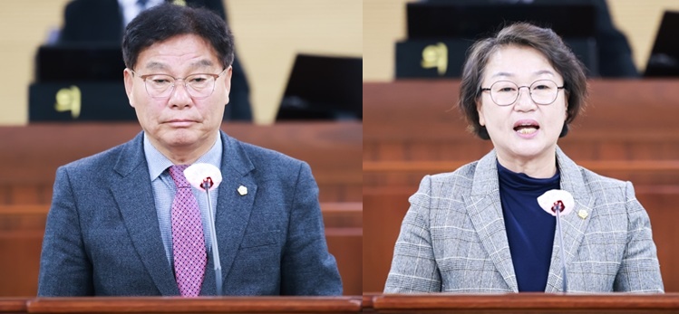 ▲ 충남 청양군의회 윤일묵 의원(왼쪽)과 차미숙 의원이 8일 청양군의회 제318회 임시회 1차 본회의에 5분 자유발언을 하고 있다.ⓒ청양군의회