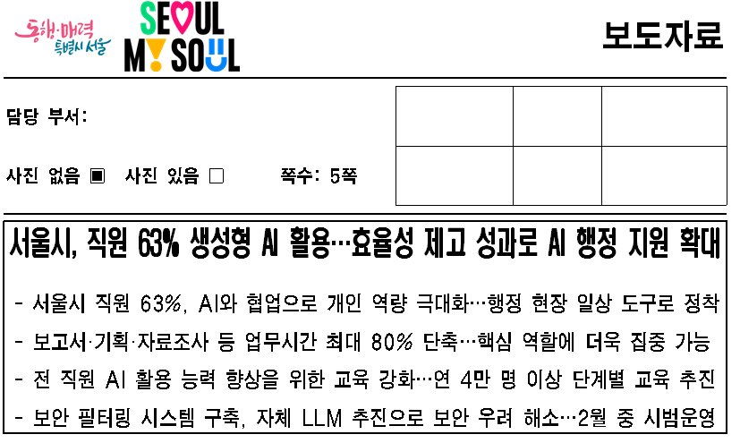 ▲ 지난 1월 공무원들의 생성형 AI 활용 확산과 관련한 서울시 보도자료.