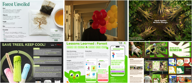 ▲ (왼쪽위부터 시계방향) 미디어 골드 수상작품(구본경, 장예린-제일기획), 필름 골드 수상작품(박주영, 이재현-스튜디오좋), 인쇄 골드 수상작품(김민형, 임유빈-HSAD), 디자인 골드 수상작품(김수민, 송민우-스튜디오좋), 디지털 골드 수상작품(김예형, 이영지-제일기획), 마케터 골드 수상작품(김종희, 김진호-빙그레). ⓒ칸라이언즈서울