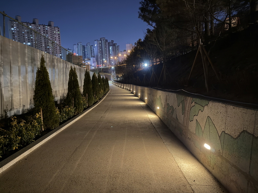 ▲ 인천시 남동구 도롱뇽마을 무장애나눔길에 설치된 야간 조명이 산책로를 밝히고 있다. ⓒ인천 남동구 제공
