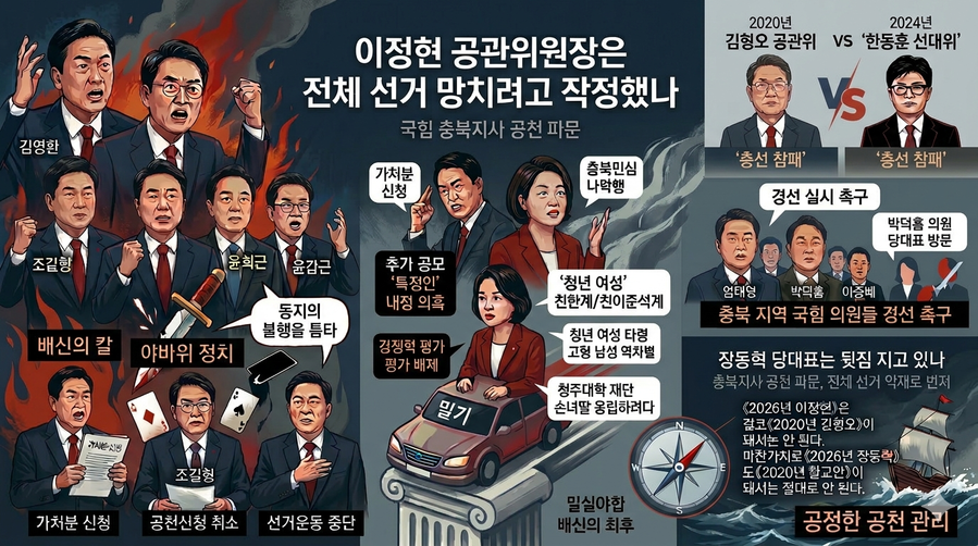 ▲ 국힘 충북지사 공천에 느닷없이 김수민 전 의원이 등장, 일파만파 파문이 일고 있다. 이정현 공관위에 대한 우려가 커지고 있다.  ⓒ 제미나이