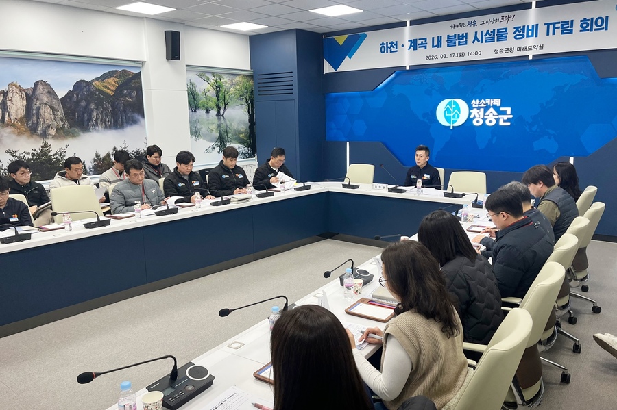 ▲ 청송군은 지난 17일 군청 미래도약실에서 권영문 부군수 주재로 ‘하천·계곡 주변 불법시설물 정비 TF팀 회의’를 개최했다.ⓒ청송군