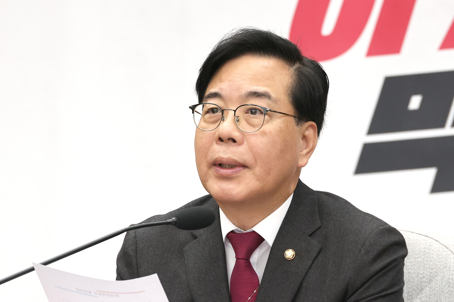 ▲ 송언석 국민의힘 원내대표가 20일 서울 여의도 국회에서 열린 원내대책회의에서 발언을 하고 있다. ⓒ뉴시스