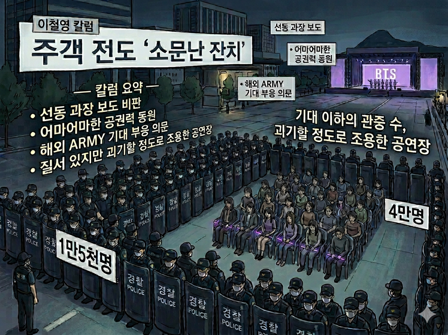 ▲ 팝공연의 열기는 실종됐다. 이 나라가 경찰국가임을 전 세계에 알린 이상한 공연아었다. BTS라는 소중한 자산을 경찰경비가 억누른 셈이다. ⓒ 제미나이