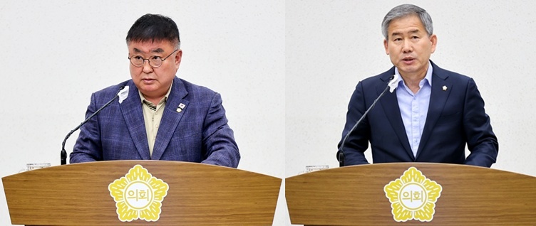 ▲ 당진시의회 심의수 의원(왼쪽)과 김봉균 의원이 23일 제127회 임시회 제1차 본회의에서 5분 자유발언을 하고 있다.ⓒ당진시의회