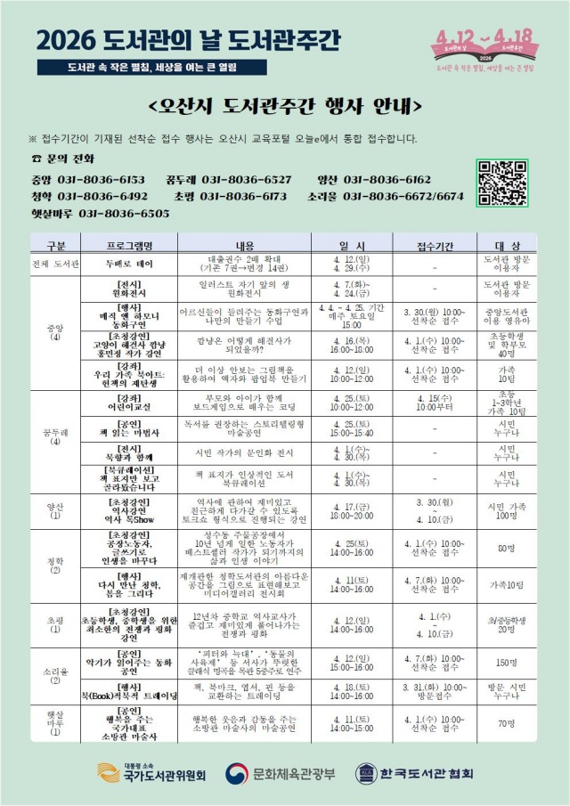 ▲ 도서관의 날·도서관주간 독서문화 행사 포스터ⓒ오산시 제공