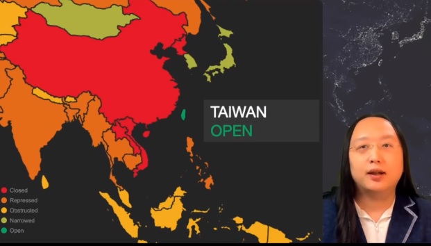 ▲ 2021년 12월 13일 미국 주도의 민주주의 정상회의에 대만 탕펑(영어명 오드리 탕) 디지털 정무위원(장관급)이 참석한 모습. 발표 당시 영상 캡쳐사진. ⓒ뉴시스