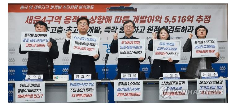 ▲ 25일 서울 종로구 경제정의실천시민연합에서 종묘 앞 세운지구 재개발 추진현황 분석발표 기자회견이 열렸다.ⓒ연합뉴스