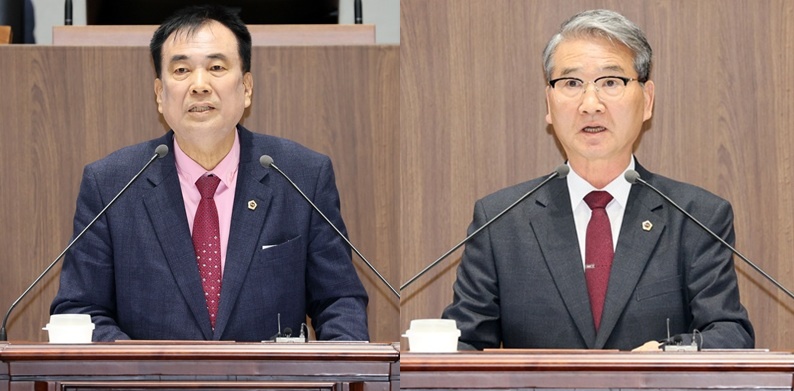 ▲ 충남도의회 방한일 의원(왼쪽)과 윤기형 의원이 제365회 임시회 2차 본회의에서 도정질문을 하고 있다.ⓒ충남도의회