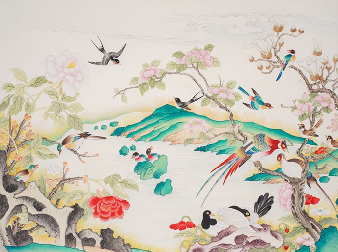 ▲ 김효순. 화조도. 72×97cm(4ea). 순지에 먹. 분채. 봉채. 2026.ⓒ세종대