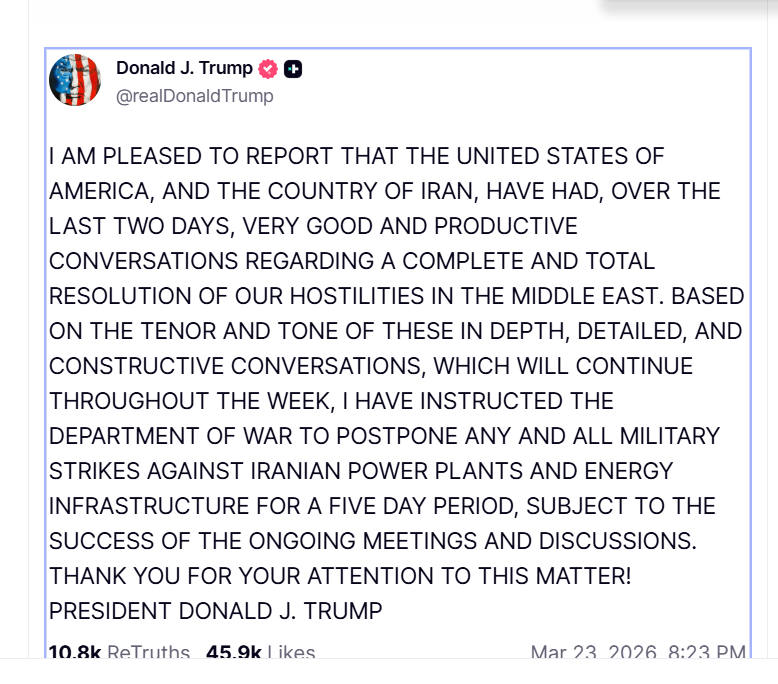 ▲ 트럼프 대통령이 지난 23일 오후 8시 '트루스소셜'에 올린 SNS 게시물. 