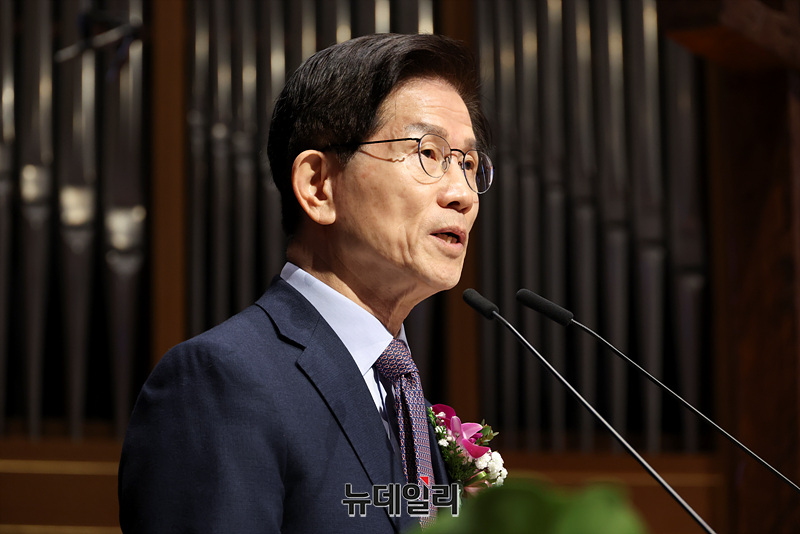 ▲ 김문수 전 고용노동부 장관이 26일 서울 중구 정동제일교회에서 열린 이승만 건국 대통령 탄신 151주년 기념식에서 축사를 하고 있다. ⓒ서성진 기자