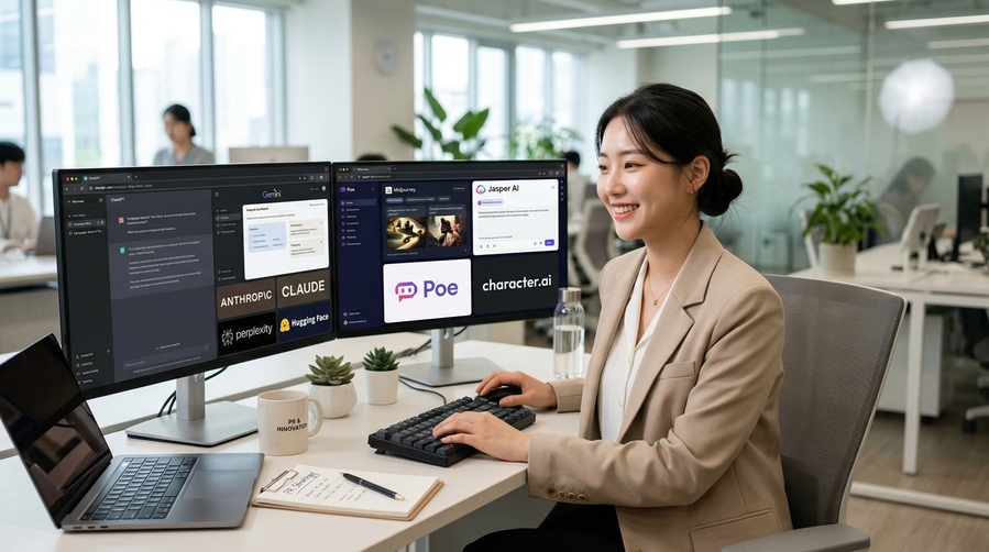 ▲ 영남이공대학교 홍보팀 직원이 AI를 활용해 업무를 진행하고 있다(LLM 기반 생성형 AI로 제작).ⓒ영남이공대