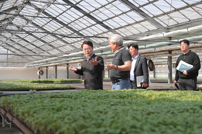 ▲ 육동한 춘천시장이 28일 춘천육묘장을 찾아 운영 현황과 육묘 생산·관리 실태를 확인했다. 육시장은 