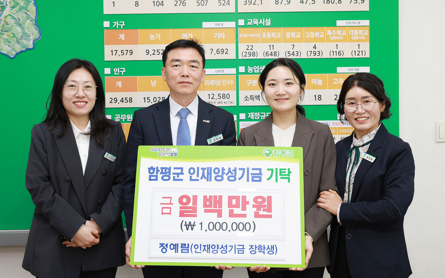 ▲ 함평군 인재양성기금 기탁식(왼쪽부터 세번째 정예림씨)ⓒ함평군 제공