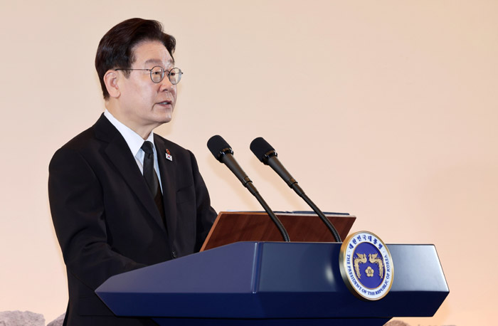 ▲ 이재명 대통령이 지난 29일 제주시 한 호텔에서 열린 '제주 4.3 희생자 유족과의 오찬'에서 인사말을 하는 모습. ⓒ뉴시스