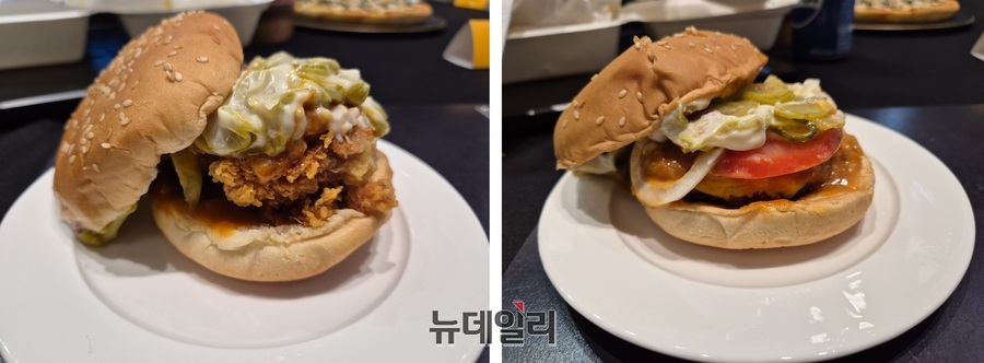 ▲ (왼쪽부터) 매직풍 싸이버거와 매직풍 비프버거. 쏨땀 오이피클이 첫 입부터 마지막까지 깔끔함과 킥으로 존재한다.ⓒ조현우 기자