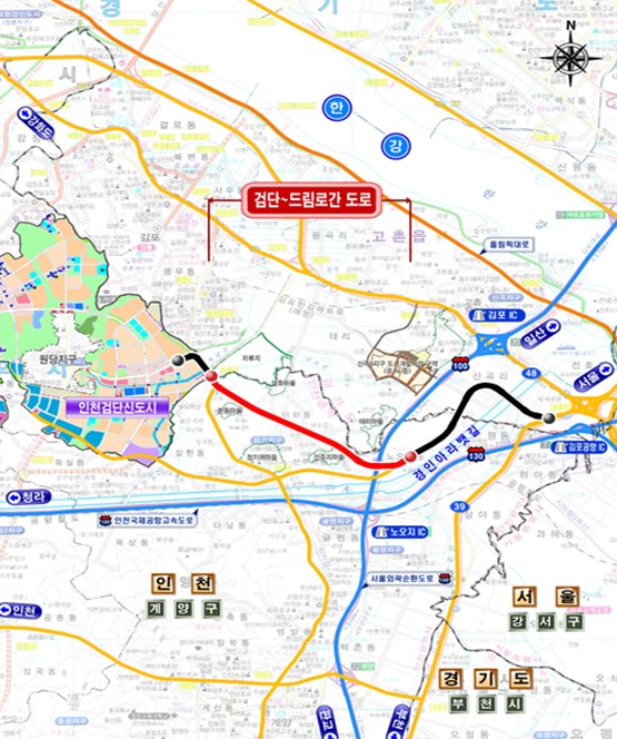 ▲ 인천 서구 검단~계양구 드림로 간 연결도로 위치도 ⓒ인천시 제공