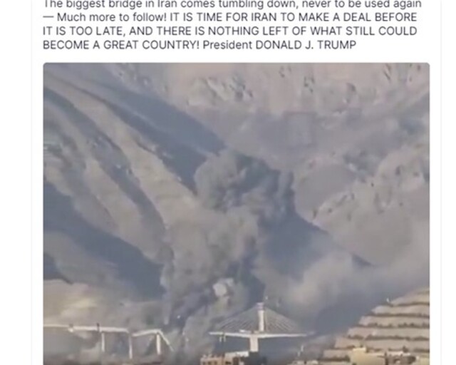 ▲ 도널드 트럼프 미국 대통령이 2일(현지시각) 트루스소셜에 게시한 교량 폭파 영상 갈무리. 출처=도널드 트럼프 트루스소셜 계정 갈무리ⓒ@realDonaldTrump