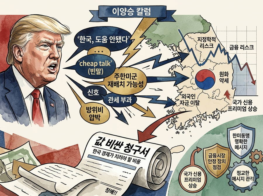 ▲ 트럼프는 한 손에 실제 무력, 다른 손에《말폭탄》을 쥐고 있다. 그가 던지는 말 한 마디에 국제유가와 금융시장이 출렁거린다. 트럼프가 한국을 콕 집어 언급했다. 과녁이 정해졌다는 뜻이다. 무슨 일이 벌어질 것인가. ⓒ 제미나이