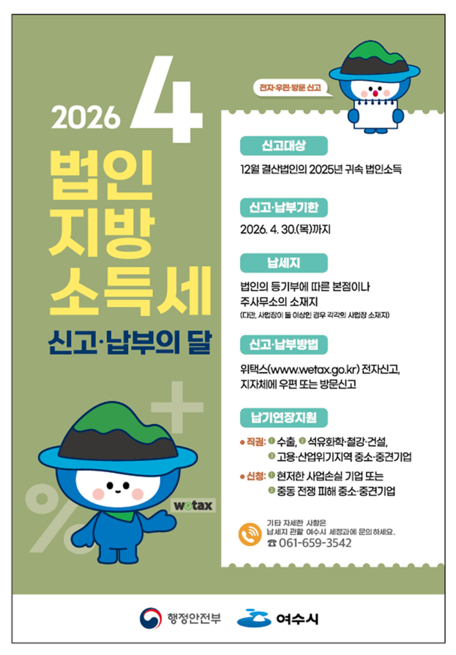 ▲ 여수시는 4월 한 달간 ‘2025년 귀속 법인지방소득세에 대한 집중 신고·납부 기간’을 운영한다.ⓒ여수시 제공