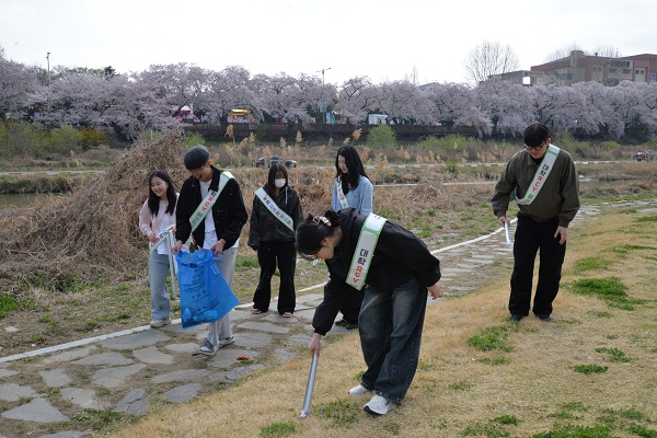 ▲ 대한적십자사 충북지사 대학 RCY 회원들이 5일 청주 무심천에서 환경정화 활동을 하고 있다.ⓒ대한적십자 충북지사 제공