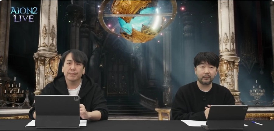 ▲ 왼쪽부터 소인섭 아이온2 사업실장, 김남준 개발 PD가 유튜브 라이브 방송을 진행하고 있다.ⓒ엔씨