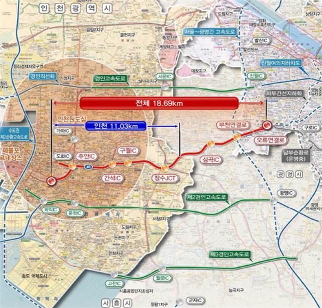 ▲ 인천 미추홀구와 서울 구로구를 연결하는 제4경인고속도로 노선도 ⓒ인천시 제공
